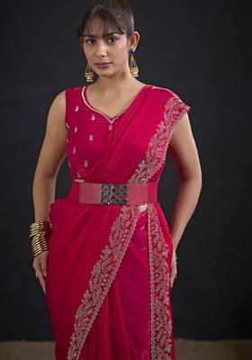 Designer magenta sequin zari embroidered work two tone satin silk saree 4