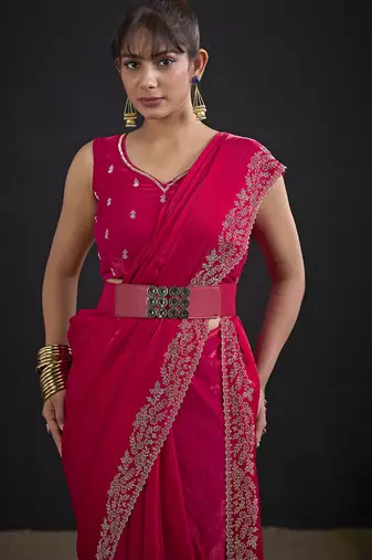 Designer magenta sequin zari embroidered work two tone satin silk saree