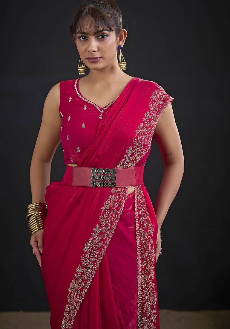 Designer magenta sequin zari embroidered work two tone satin silk saree