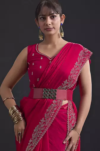 Designer magenta sequin zari embroidered work two tone satin silk saree