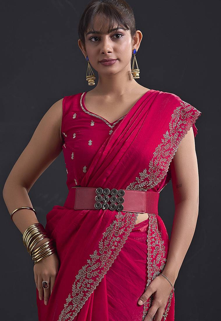 Designer magenta sequin zari embroidered work two tone satin silk saree