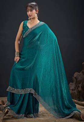 Designer teal blue sequin zari embroidered work two tone satin silk saree 1