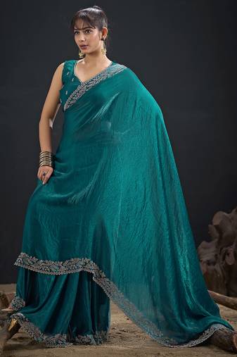 Designer teal blue sequin zari embroidered work two tone satin silk saree