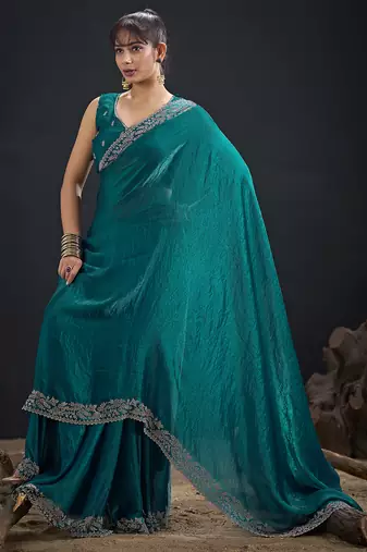 Designer teal blue sequin zari embroidered work two tone satin silk saree