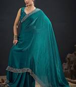 Designer teal blue sequin zari embroidered work two tone satin silk saree