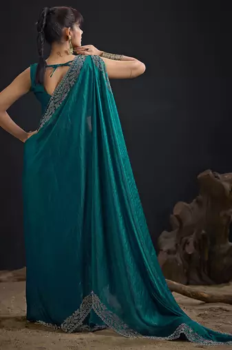 Designer teal blue sequin zari embroidered work two tone satin silk saree
