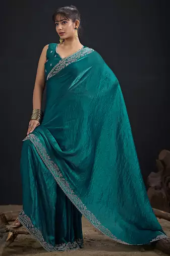 Designer teal blue sequin zari embroidered work two tone satin silk saree