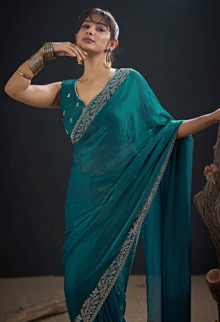Designer teal blue sequin zari embroidered work two tone satin silk saree