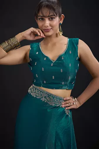 Designer teal blue sequin zari embroidered work two tone satin silk saree