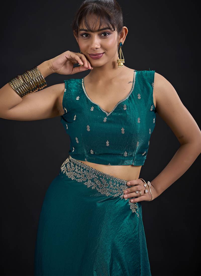 Designer teal blue sequin zari embroidered work two tone satin silk saree
