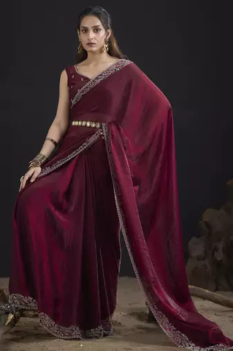 Designer maroon sequin zari embroidered work two tone satin silk saree