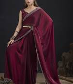 Designer maroon sequin zari embroidered work two tone satin silk saree
