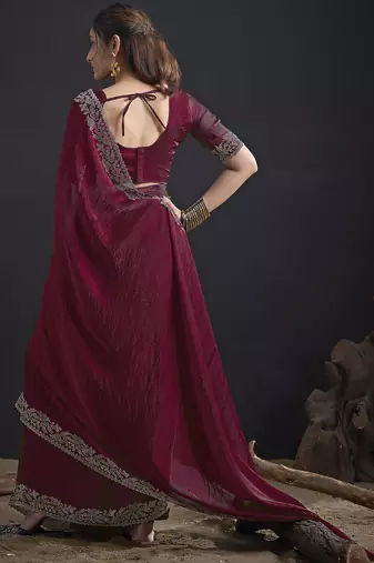 Designer maroon sequin zari embroidered work two tone satin silk saree