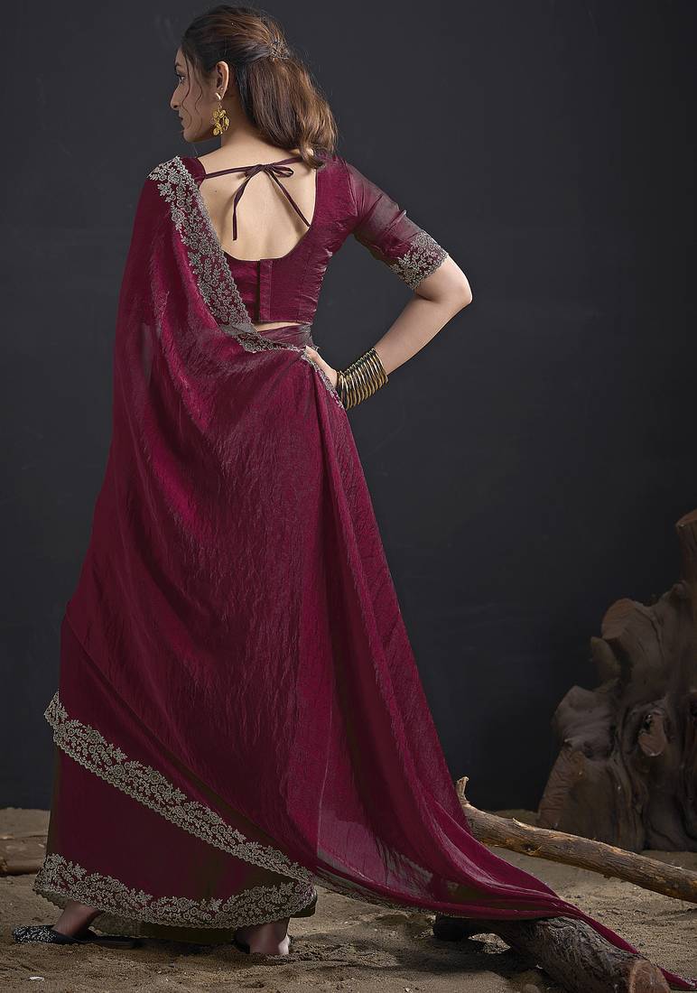 Designer maroon sequin zari embroidered work two tone satin silk saree