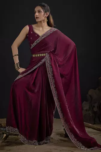 Designer maroon sequin zari embroidered work two tone satin silk saree