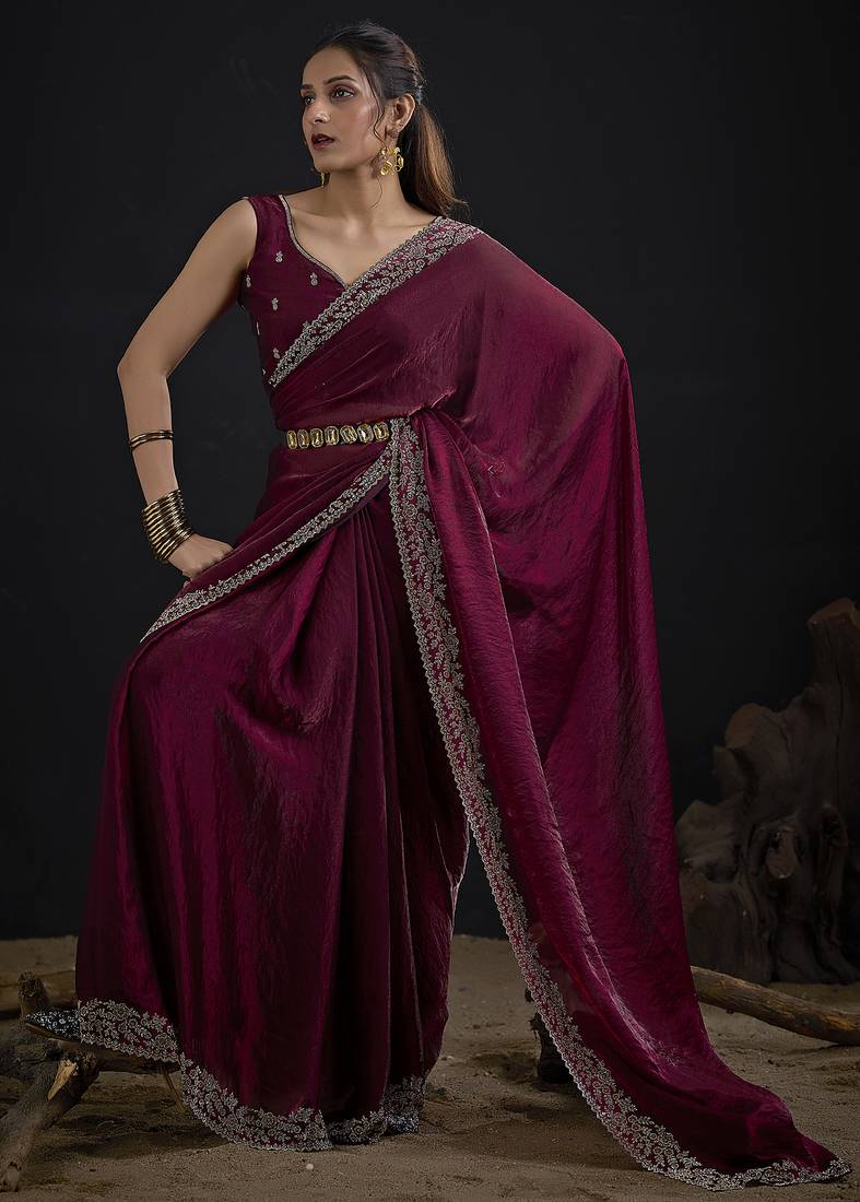 Designer maroon sequin zari embroidered work two tone satin silk saree
