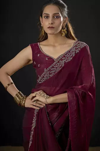Designer maroon sequin zari embroidered work two tone satin silk saree