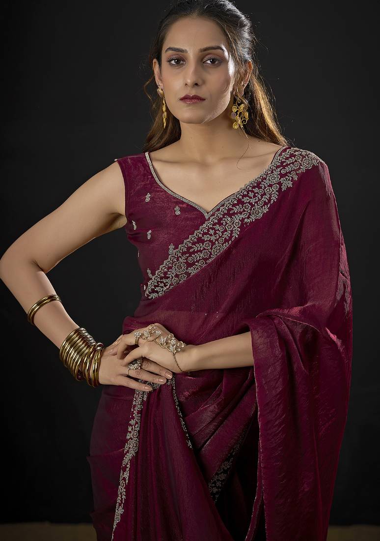 Designer maroon sequin zari embroidered work two tone satin silk saree