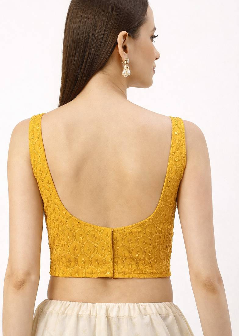 Yellow rayon embroidered with sequin non padded blouse with lining