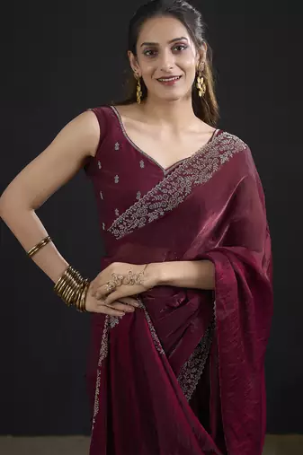 Designer maroon sequin zari embroidered work two tone satin silk saree