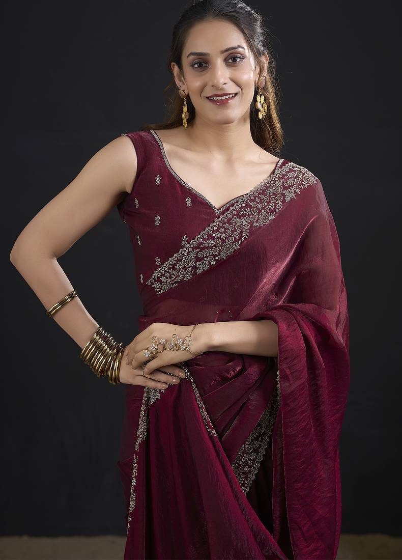 Designer maroon sequin zari embroidered work two tone satin silk saree