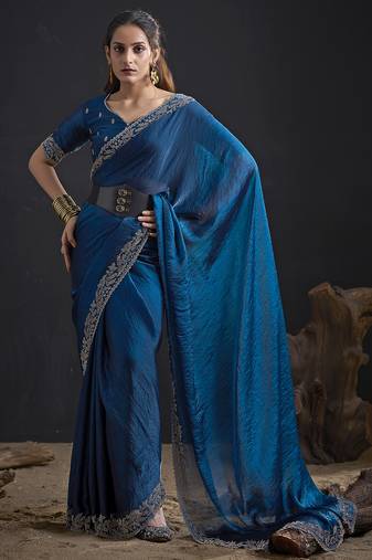 Designer navy blue sequin zari embroidered work two tone satin silk saree