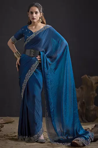 Designer navy blue sequin zari embroidered work two tone satin silk saree