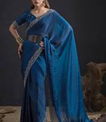 Designer navy blue sequin zari embroidered work two tone satin silk saree