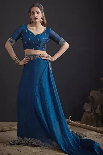 Designer navy blue sequin zari embroidered work two tone satin silk saree