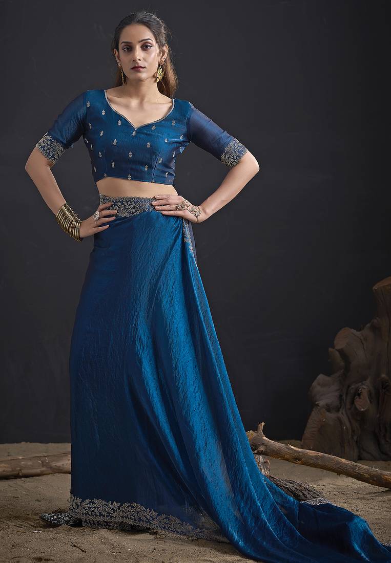 Designer navy blue sequin zari embroidered work two tone satin silk saree