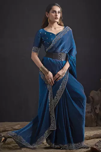 Designer navy blue sequin zari embroidered work two tone satin silk saree