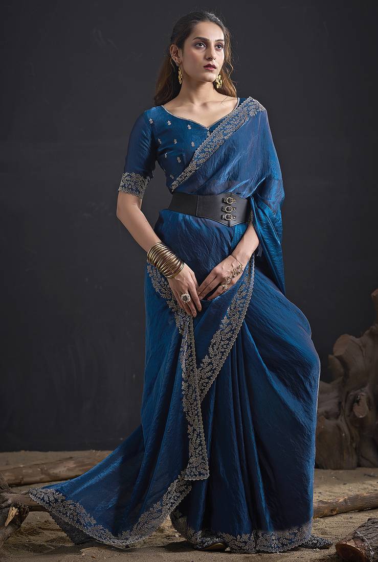 Designer navy blue sequin zari embroidered work two tone satin silk saree