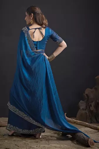Designer navy blue sequin zari embroidered work two tone satin silk saree