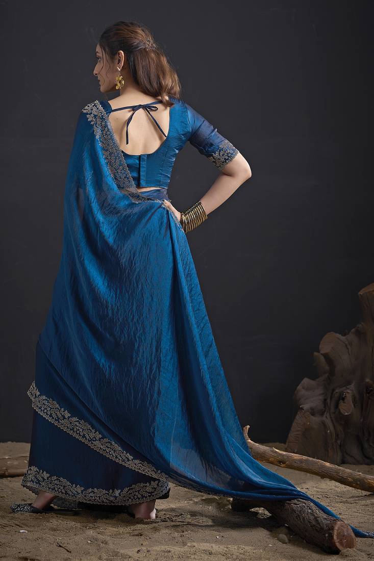 Designer navy blue sequin zari embroidered work two tone satin silk saree