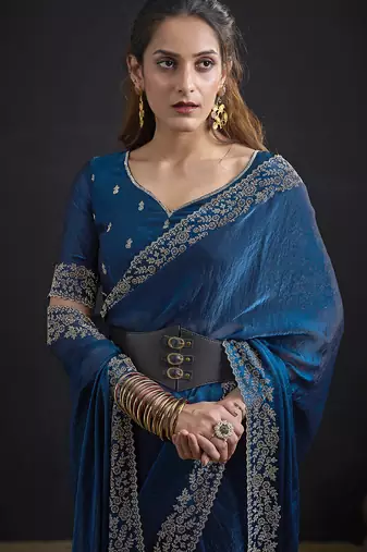 Designer navy blue sequin zari embroidered work two tone satin silk saree