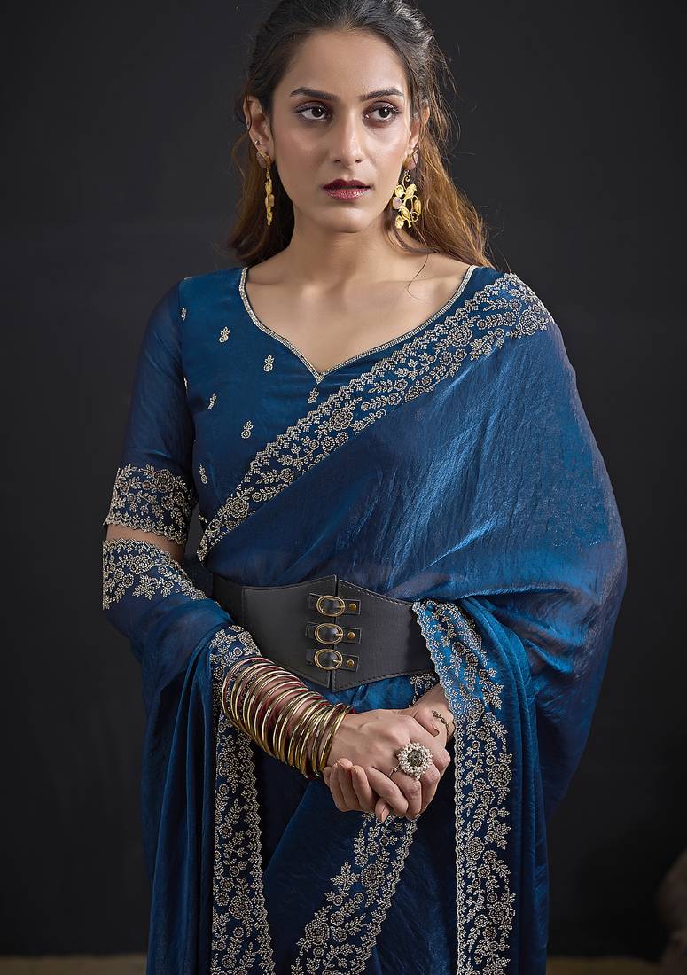 Designer navy blue sequin zari embroidered work two tone satin silk saree