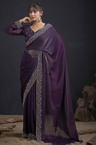 Designer purple sequin zari embroidered work two tone satin silk saree