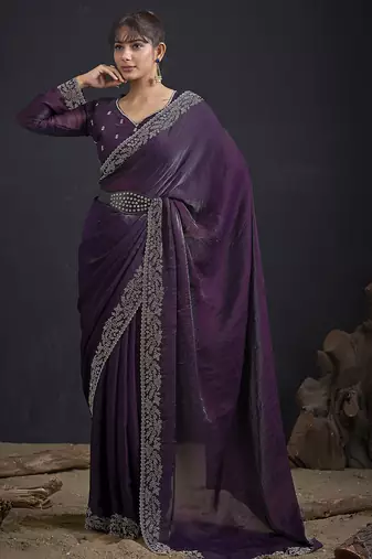 Designer purple sequin zari embroidered work two tone satin silk saree