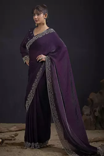 Designer purple sequin zari embroidered work two tone satin silk saree