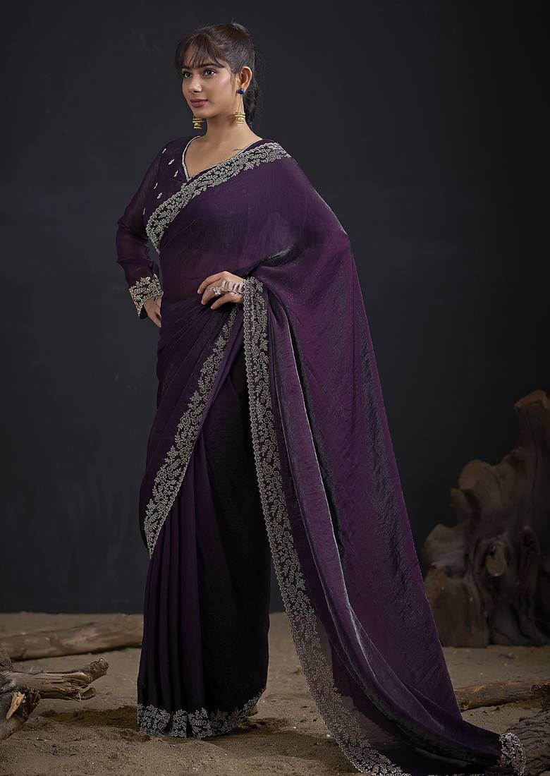 Designer purple sequin zari embroidered work two tone satin silk saree