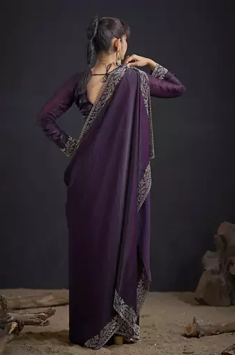 Designer purple sequin zari embroidered work two tone satin silk saree