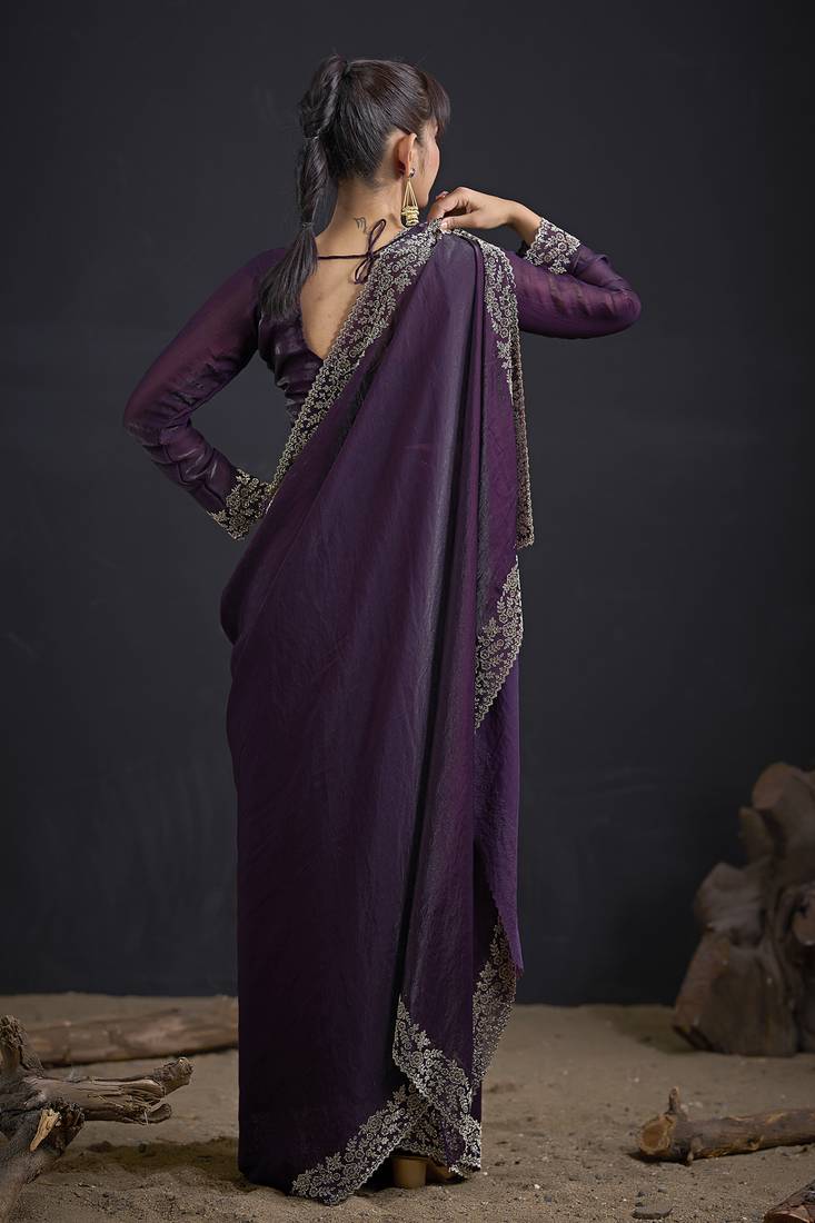 Designer purple sequin zari embroidered work two tone satin silk saree