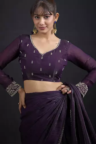 Designer purple sequin zari embroidered work two tone satin silk saree