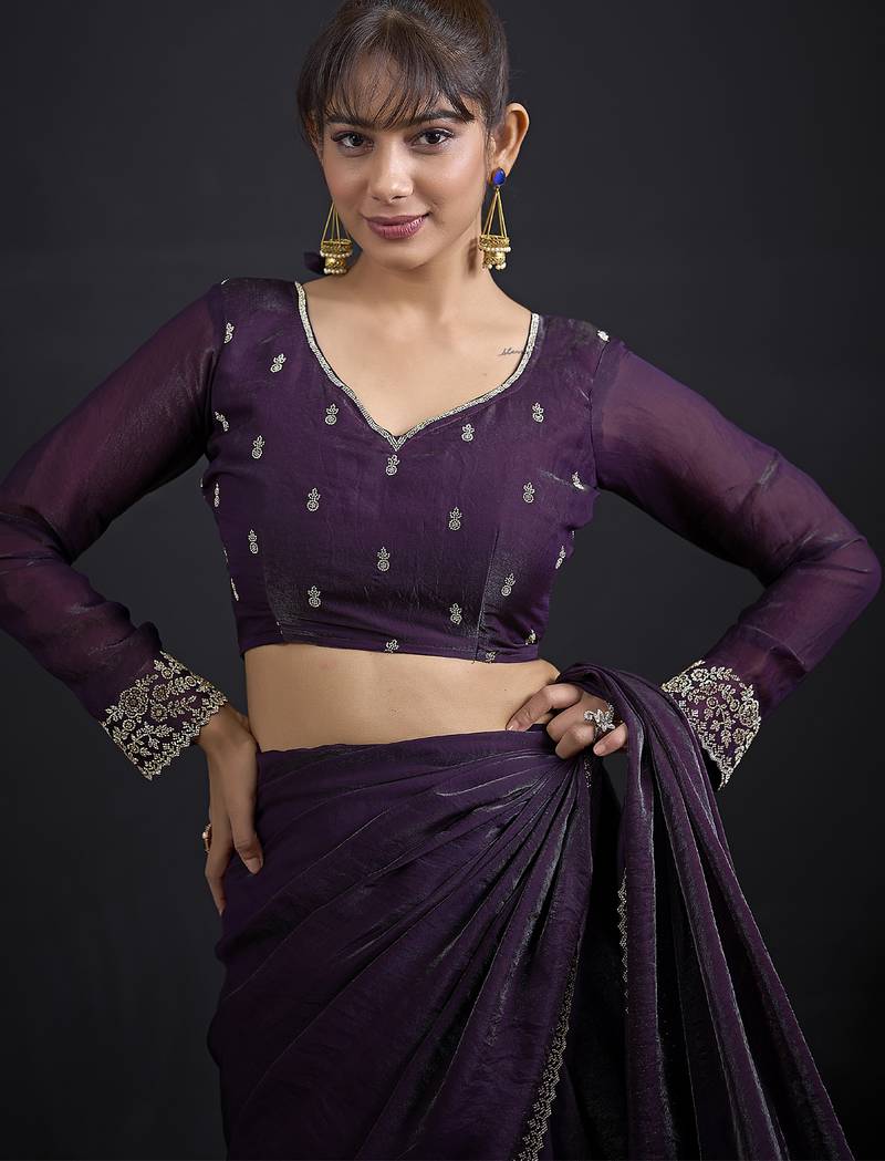 Designer purple sequin zari embroidered work two tone satin silk saree