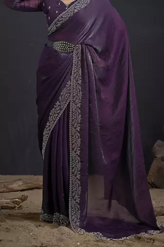 Designer purple sequin zari embroidered work two tone satin silk saree