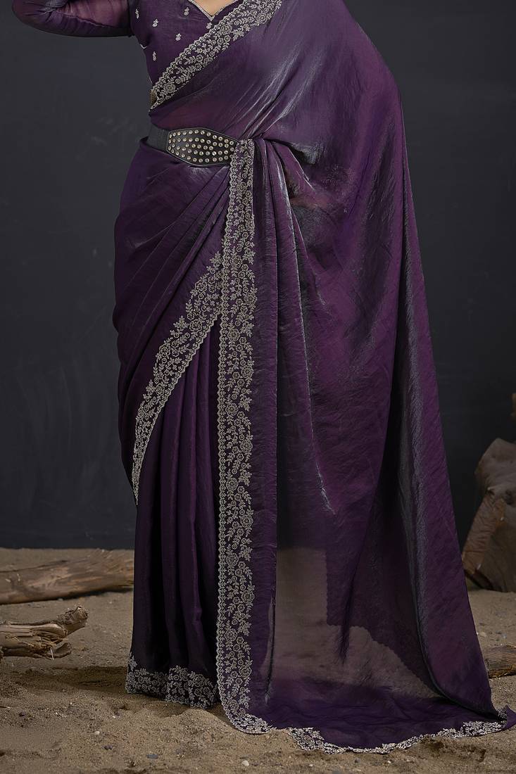 Designer purple sequin zari embroidered work two tone satin silk saree
