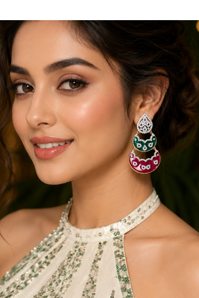 Gold Finish Enamel Meenakari Dangle AD Earrings 1