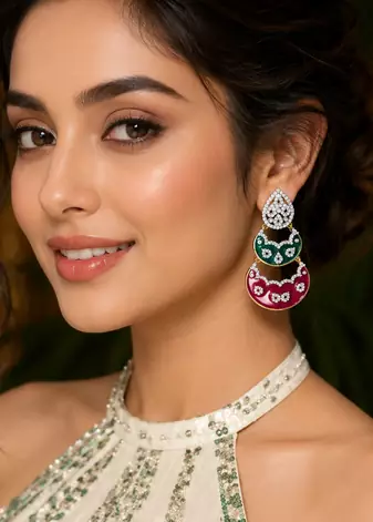 Gold Finish Enamel Meenakari Dangle AD Earrings