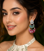 Gold Finish Enamel Meenakari Dangle AD Earrings