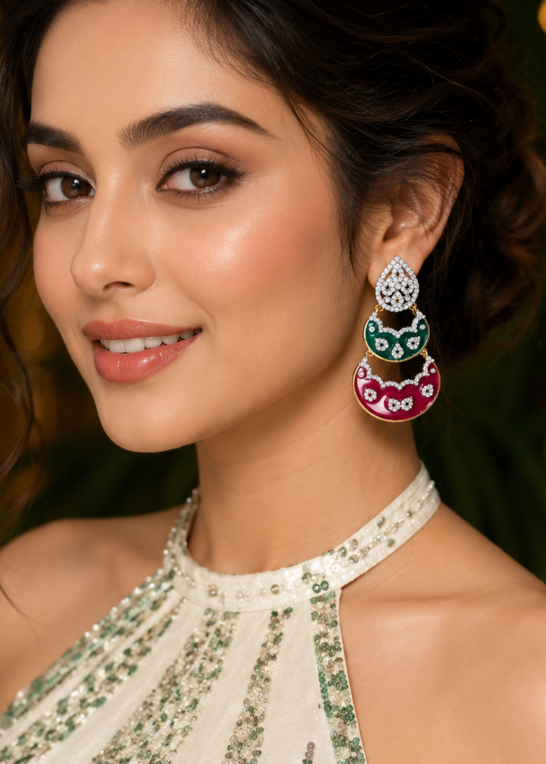 Gold Finish Enamel Meenakari Dangle AD Earrings